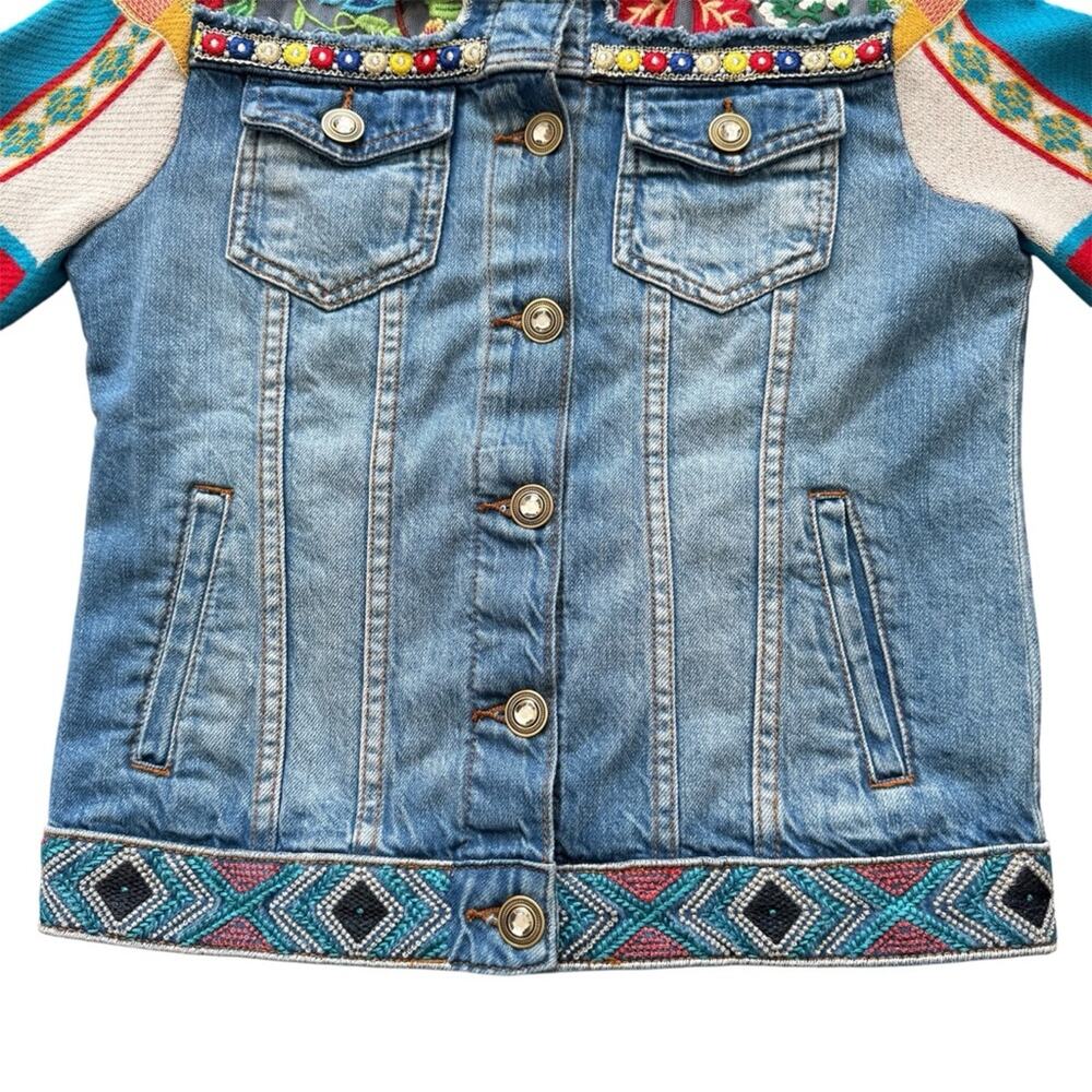 Desigual Fiorella Embroidered Denim Jacket Knitted Sleeves Bohemian Size 4 US - Picture 6 of 13